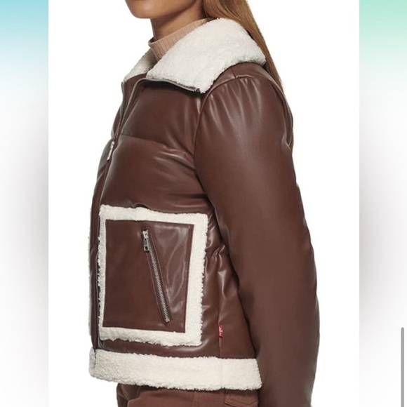 Levi's Women’s Faux Leather Puffer Sherpa Collared Brown Jacket Size M - Picture 13 of 14